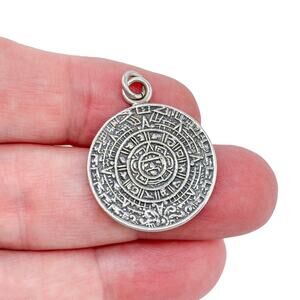Estate Mexico Sterling Silver 925 Aztec Calendar Disc Pendant